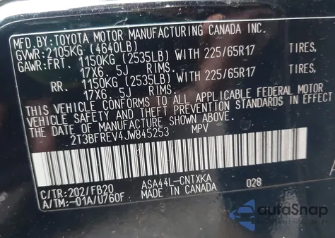 2018 Toyota Rav4 Le z USA, uszkodzony, nr VIN 2T3BFREV4JW845253